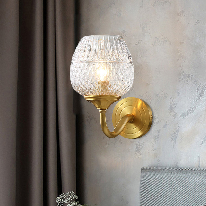 1 Light Wall Lighting Traditional Indoor Wall Sconce Lamp with Cup Shape Clear Latticed Glass Shade in Brass Brass Clearhalo 'Wall Lamps & Sconces' 'Wall Lights' Lighting' 780623