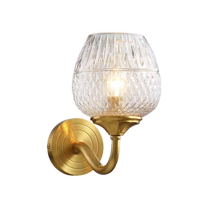 1 Light Wall Lighting Traditional Indoor Wall Sconce Lamp with Cup Shape Clear Latticed Glass Shade in Brass Clearhalo 'Wall Lamps & Sconces' 'Wall Lights' Lighting' 780624