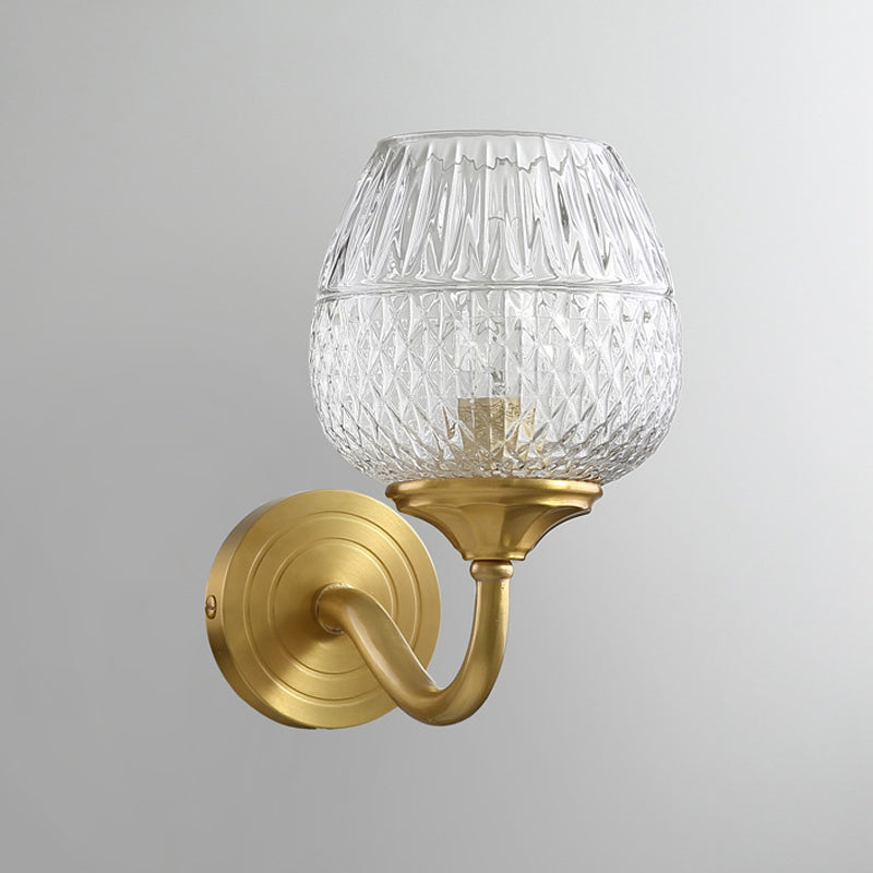 1 Light Wall Lighting Traditional Indoor Wall Sconce Lamp with Cup Shape Clear Latticed Glass Shade in Brass Clearhalo 'Wall Lamps & Sconces' 'Wall Lights' Lighting' 780625