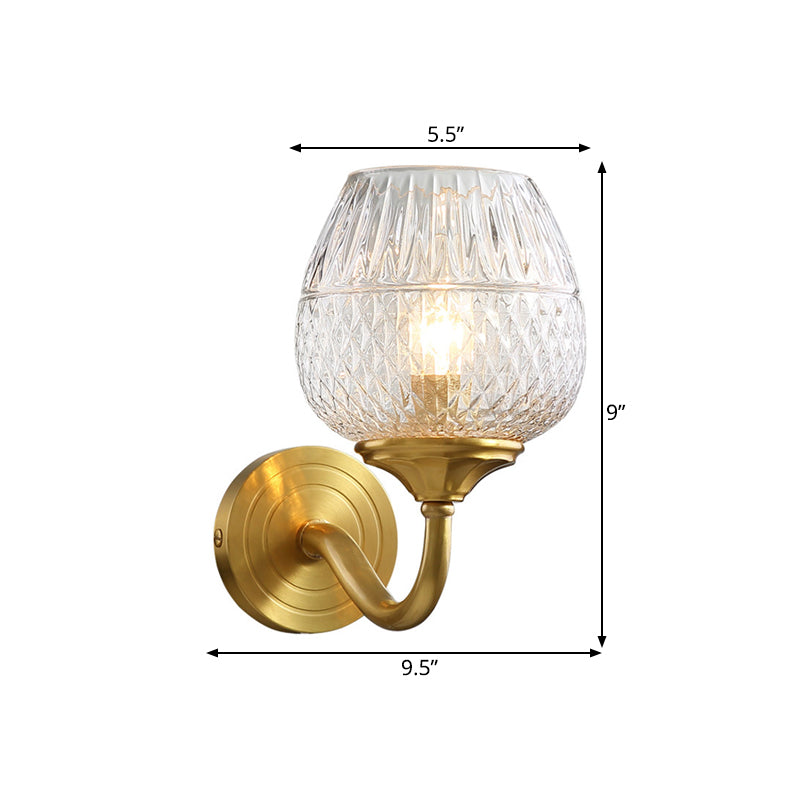 1 Light Wall Lighting Traditional Indoor Wall Sconce Lamp with Cup Shape Clear Latticed Glass Shade in Brass Clearhalo 'Wall Lamps & Sconces' 'Wall Lights' Lighting' 780626