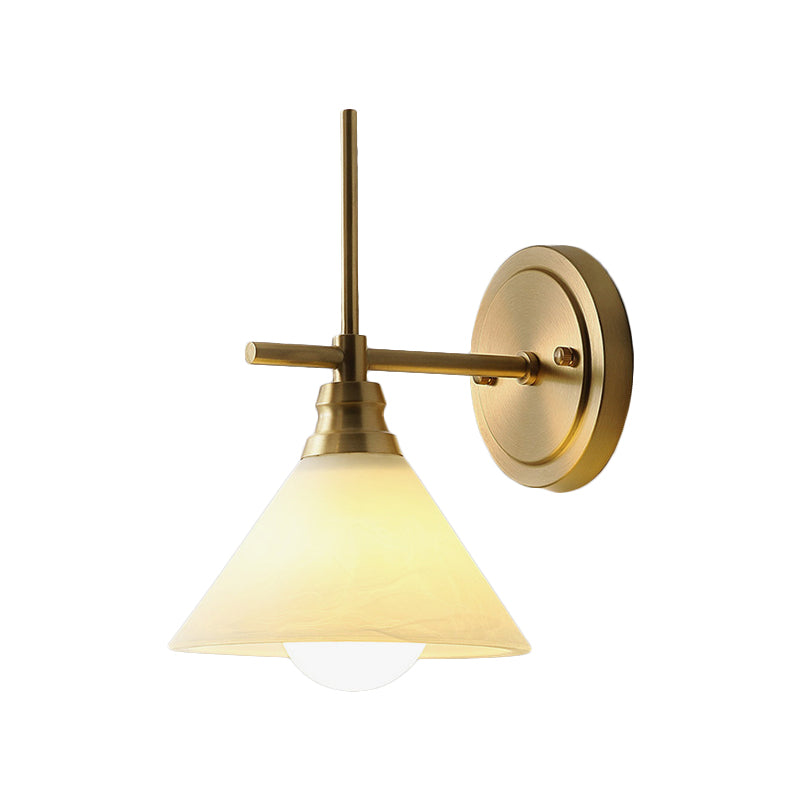 Cream Glass Cone Wall Sconce Lighting Vintage 1 Head Bedside Wall Lamp Fixture in Brass Clearhalo 'Wall Lamps & Sconces' 'Wall Lights' Lighting' 780629