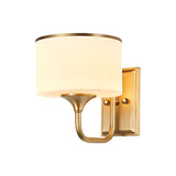 Brass Drum Sconce Light Fixture Colonial Style Opal Glass 1 Bulb Indoor Wall Mount Lamp Clearhalo 'Wall Lamps & Sconces' 'Wall Lights' Lighting' 780633