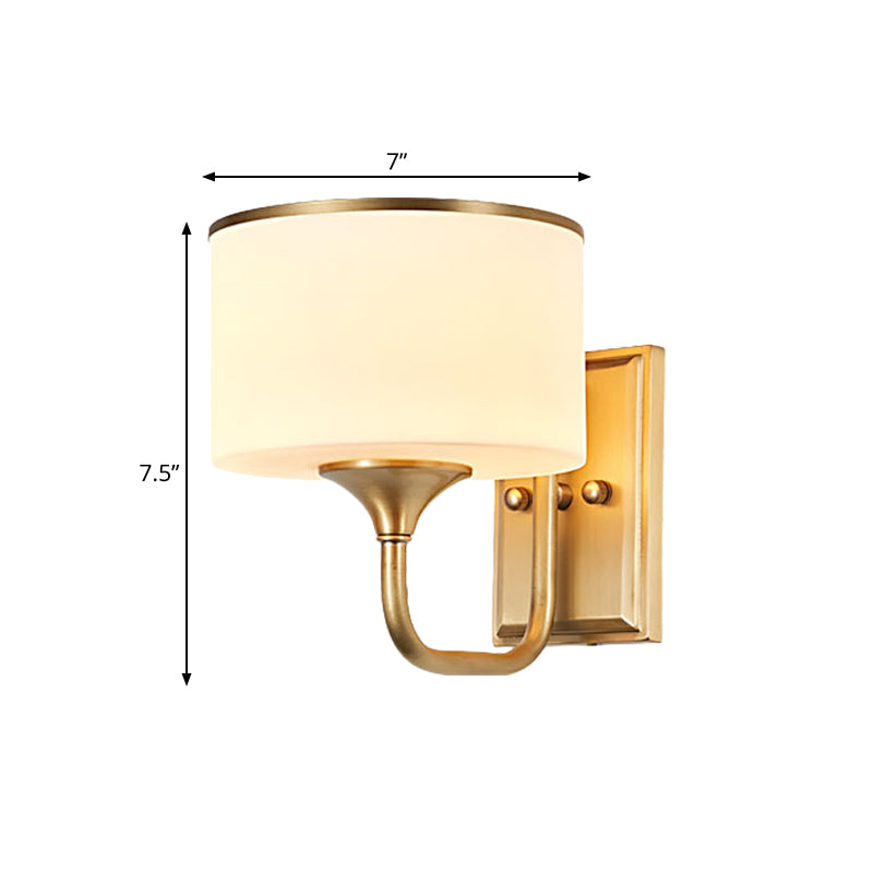 Brass Drum Sconce Light Fixture Colonial Style Opal Glass 1 Bulb Indoor Wall Mount Lamp Clearhalo 'Wall Lamps & Sconces' 'Wall Lights' Lighting' 780634