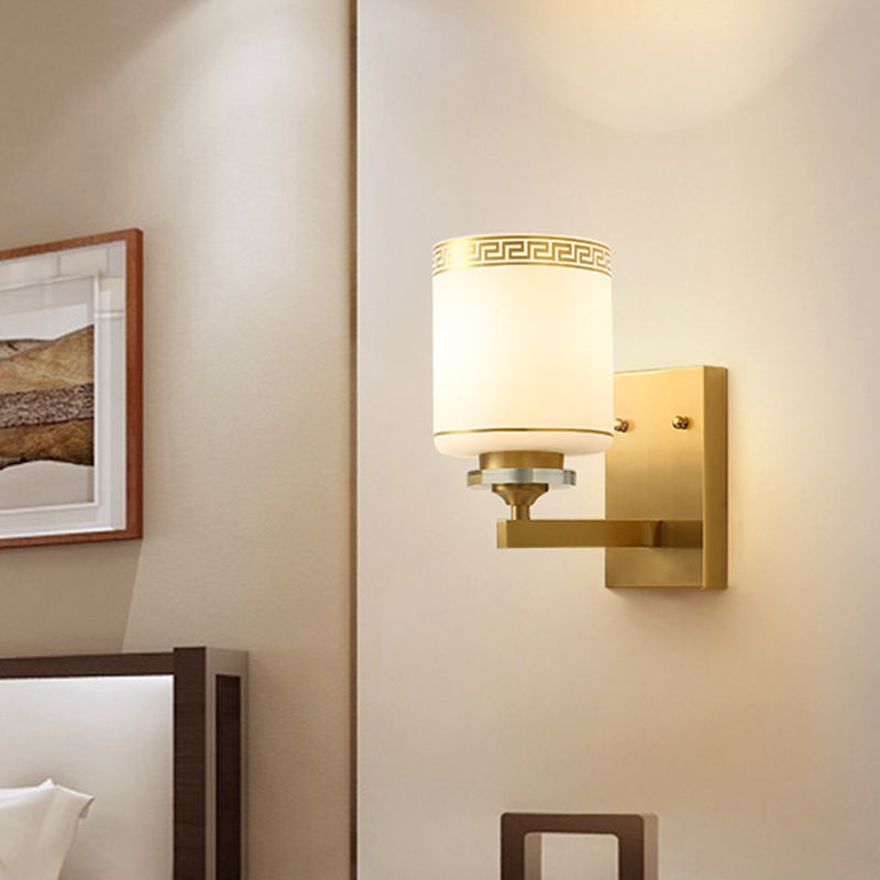 Cylinder Indoor Wall Lighting Traditional White Glass 1-Light Brass Finish Wall Sconce Lamp Brass Clearhalo 'Wall Lamps & Sconces' 'Wall Lights' Lighting' 780635