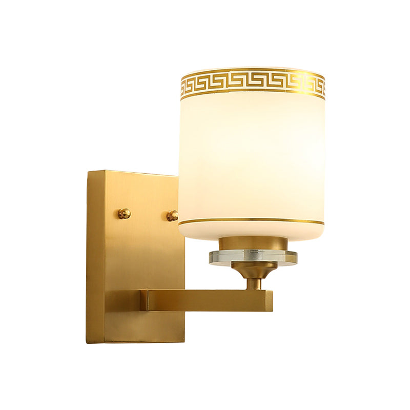 Cylinder Indoor Wall Lighting Traditional White Glass 1-Light Brass Finish Wall Sconce Lamp Clearhalo 'Wall Lamps & Sconces' 'Wall Lights' Lighting' 780636