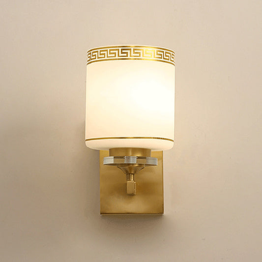 Cylinder Indoor Wall Lighting Traditional White Glass 1-Light Brass Finish Wall Sconce Lamp Clearhalo 'Wall Lamps & Sconces' 'Wall Lights' Lighting' 780637