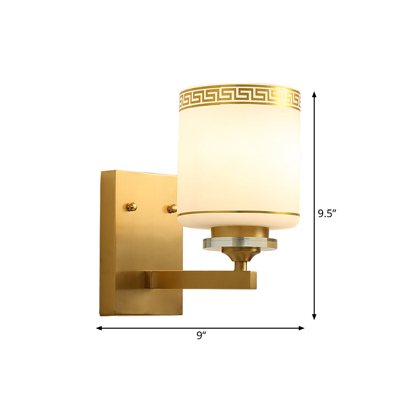 Cylinder Indoor Wall Lighting Traditional White Glass 1-Light Brass Finish Wall Sconce Lamp Clearhalo 'Wall Lamps & Sconces' 'Wall Lights' Lighting' 780638