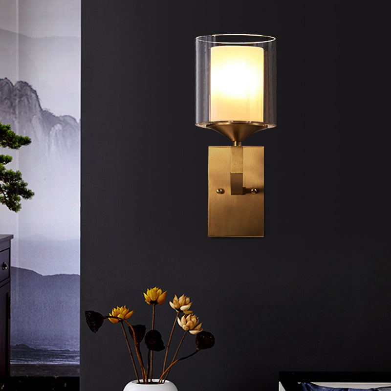 1 Bulb Wall Lamp Fixture Colonial Style 2-Tier Cylindrical Clear and Opal Glass Sconce Lighting in Brass Brass Clearhalo 'Wall Lamps & Sconces' 'Wall Lights' Lighting' 780639