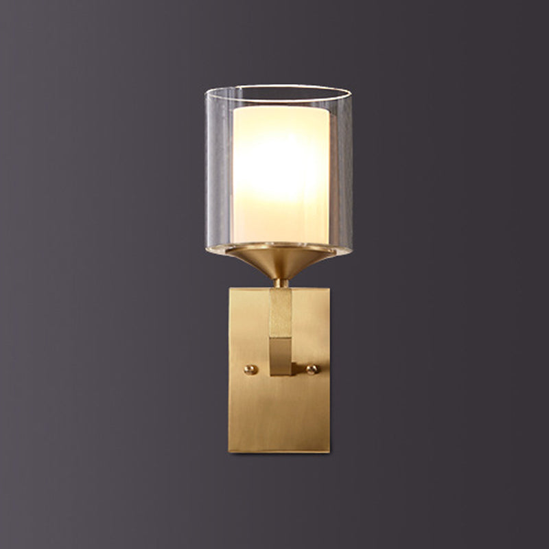 1 Bulb Wall Lamp Fixture Colonial Style 2-Tier Cylindrical Clear and Opal Glass Sconce Lighting in Brass Clearhalo 'Wall Lamps & Sconces' 'Wall Lights' Lighting' 780641