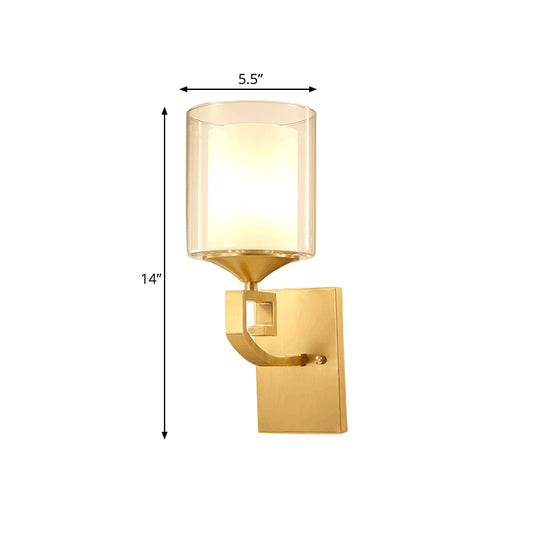 1 Bulb Wall Lamp Fixture Colonial Style 2-Tier Cylindrical Clear and Opal Glass Sconce Lighting in Brass Clearhalo 'Wall Lamps & Sconces' 'Wall Lights' Lighting' 780642