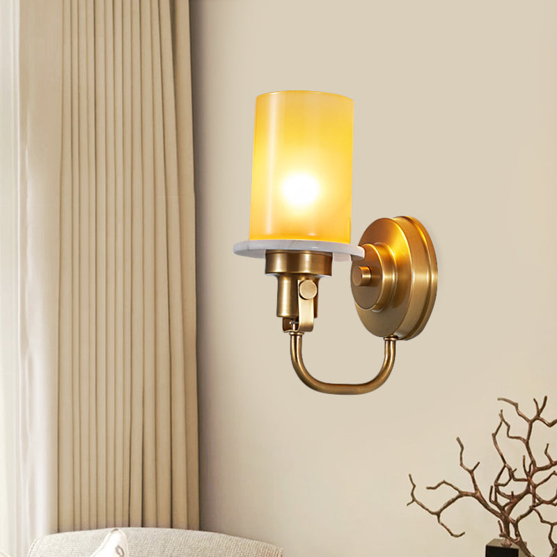 Colonial Style Cylinder Wall Mount Lighting 1 Head Yellow Glass Wall Sconce in Brass Brass Clearhalo 'Wall Lamps & Sconces' 'Wall Lights' Lighting' 780643