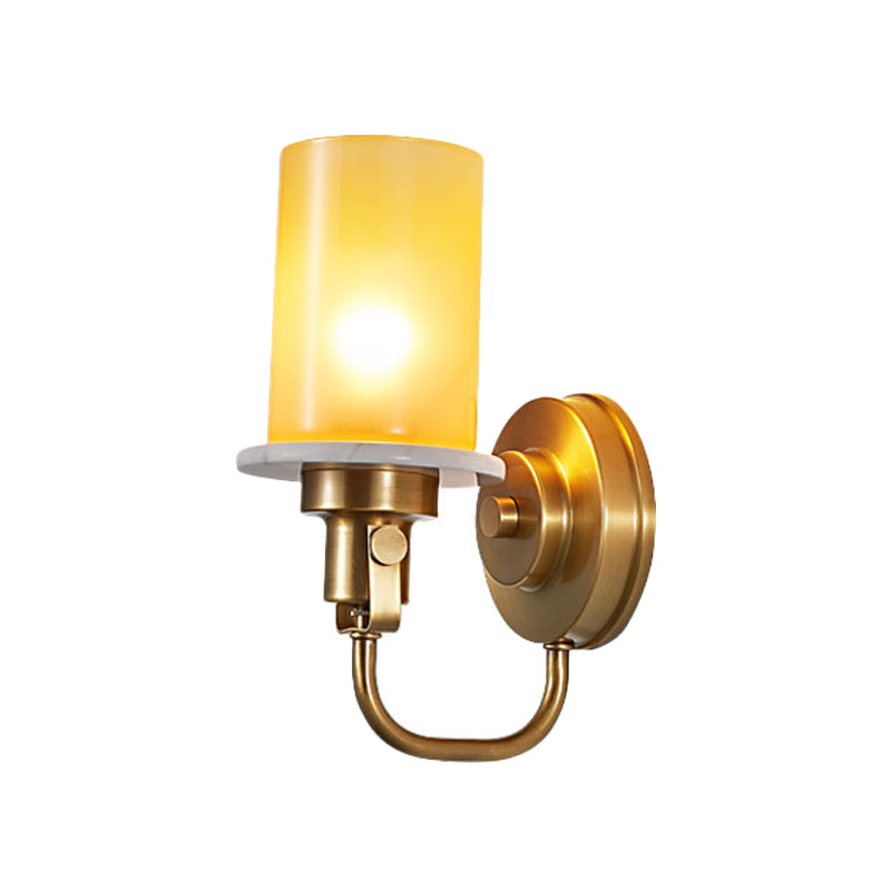 Colonial Style Cylinder Wall Mount Lighting 1 Head Yellow Glass Wall Sconce in Brass Clearhalo 'Wall Lamps & Sconces' 'Wall Lights' Lighting' 780645