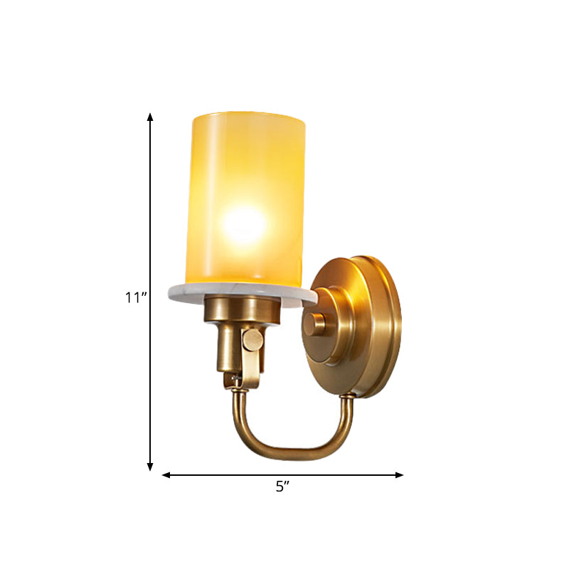 Colonial Style Cylinder Wall Mount Lighting 1 Head Yellow Glass Wall Sconce in Brass Clearhalo 'Wall Lamps & Sconces' 'Wall Lights' Lighting' 780646