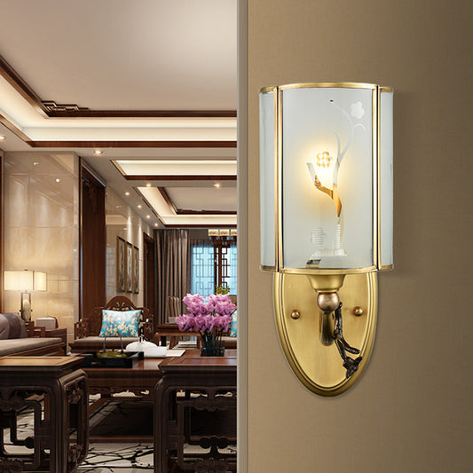 Brass 1 Light Wall Light Sconce Vintage Translucent Glass Cylinder Wall Lamp Fixture for Corner Clearhalo 'Wall Lamps & Sconces' 'Wall Lights' Lighting' 780652