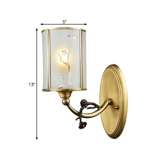 Brass 1 Light Wall Light Sconce Vintage Translucent Glass Cylinder Wall Lamp Fixture for Corner Clearhalo 'Wall Lamps & Sconces' 'Wall Lights' Lighting' 780654