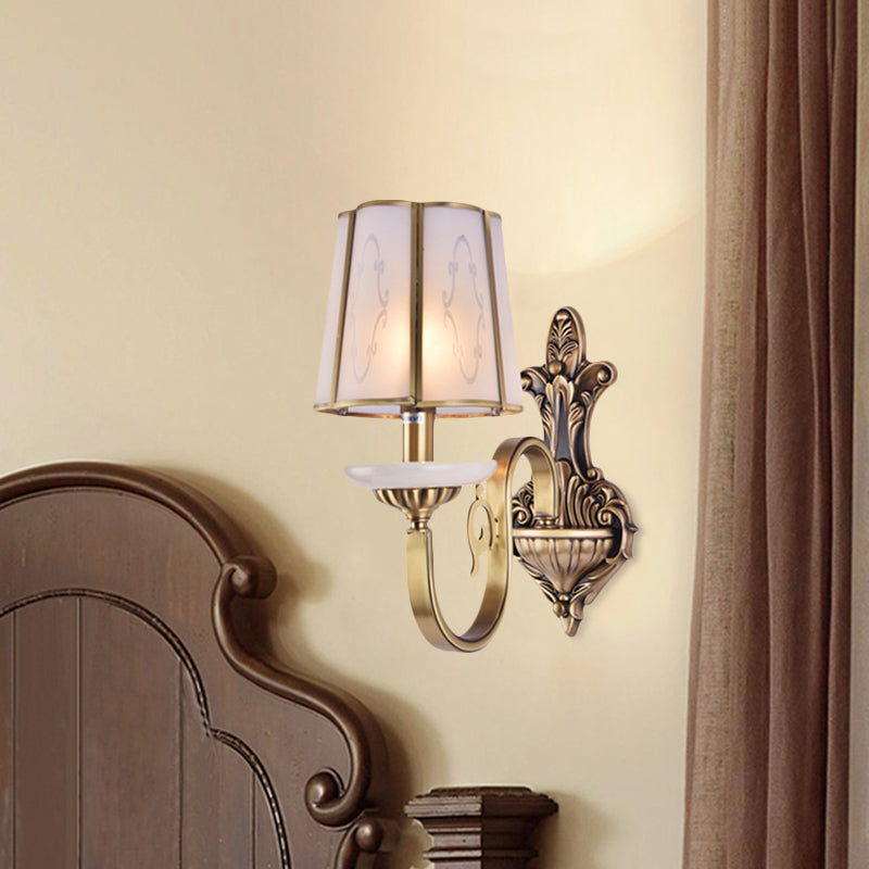 Cone Translucent Glass Sconce Light Fixture Vintage 1/2 Bulb Indoor Wall Mounted Lamp in Brass 1.0 Brass Clearhalo 'Wall Lamps & Sconces' 'Wall Lights' Lighting' 780655