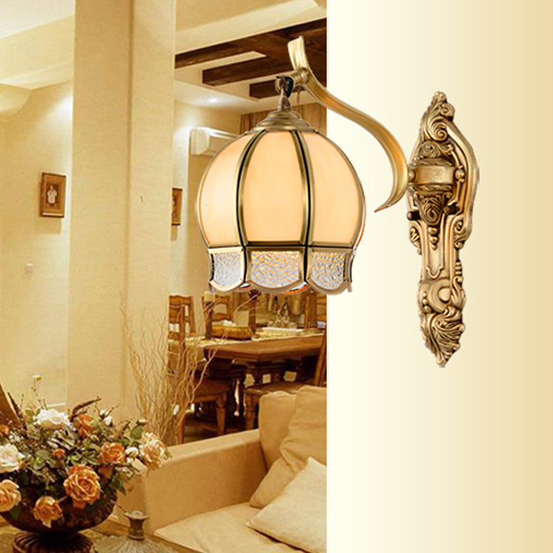 1 Head Wall Mount Light Traditional Spherical Tan Glass Sconce Lamp in Brass for Living Room Brass Clearhalo 'Wall Lamps & Sconces' 'Wall Lights' Lighting' 780664