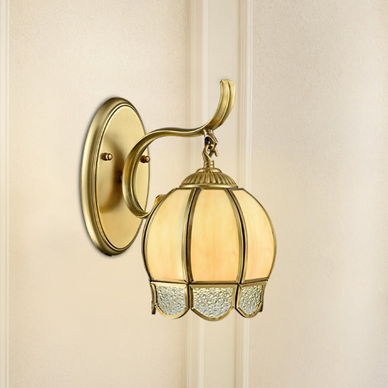 Tan Glass Brass Finish Sconce Light Globe 1/2-Head Traditional Wall Lamp Fixture with Swirl Arm 1.0 Brass Clearhalo 'Wall Lamps & Sconces' 'Wall Lights' Lighting' 780685