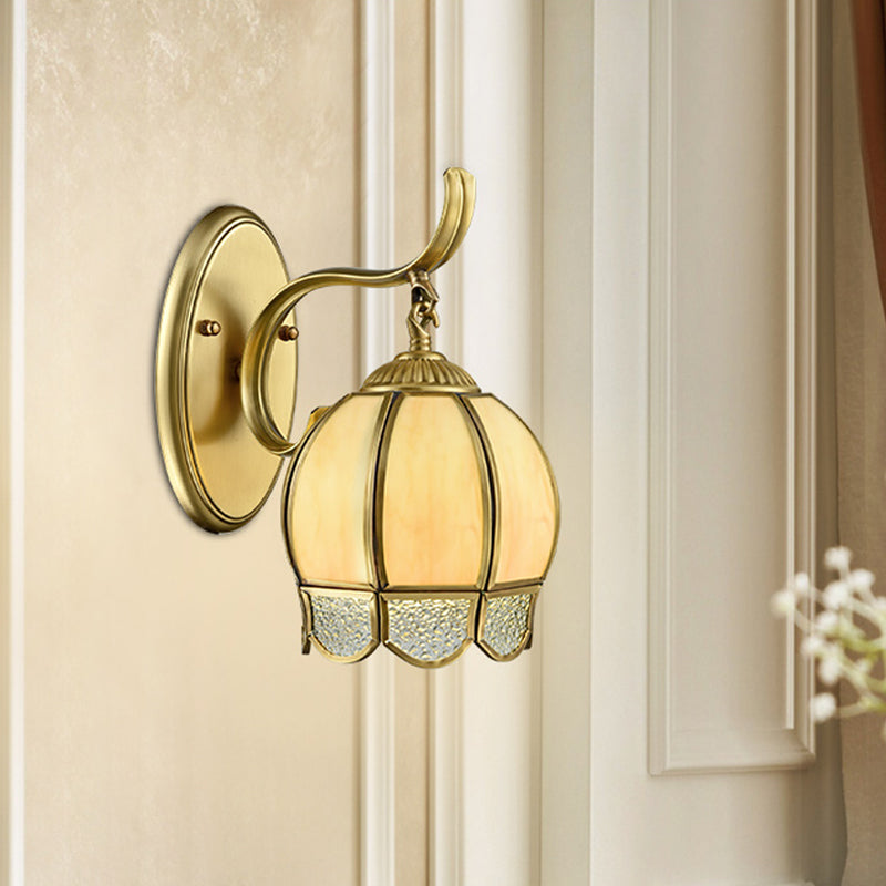 Tan Glass Brass Finish Sconce Light Globe 1/2-Head Traditional Wall Lamp Fixture with Swirl Arm Clearhalo 'Wall Lamps & Sconces' 'Wall Lights' Lighting' 780686