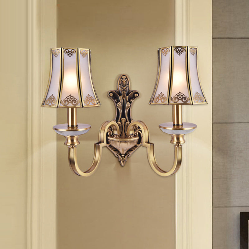 1/2 Heads Wall Lighting Fixture Colonial Style Flared Translucent Glass Wall Mounted Lamp in Brass 2.0 Brass Clearhalo 'Wall Lamps & Sconces' 'Wall Lights' Lighting' 780690