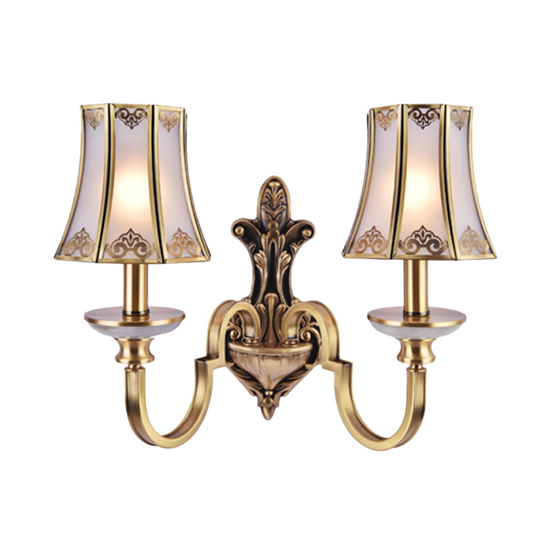 1/2 Heads Wall Lighting Fixture Colonial Style Flared Translucent Glass Wall Mounted Lamp in Brass Clearhalo 'Wall Lamps & Sconces' 'Wall Lights' Lighting' 780691