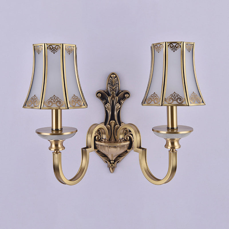 1/2 Heads Wall Lighting Fixture Colonial Style Flared Translucent Glass Wall Mounted Lamp in Brass Clearhalo 'Wall Lamps & Sconces' 'Wall Lights' Lighting' 780692