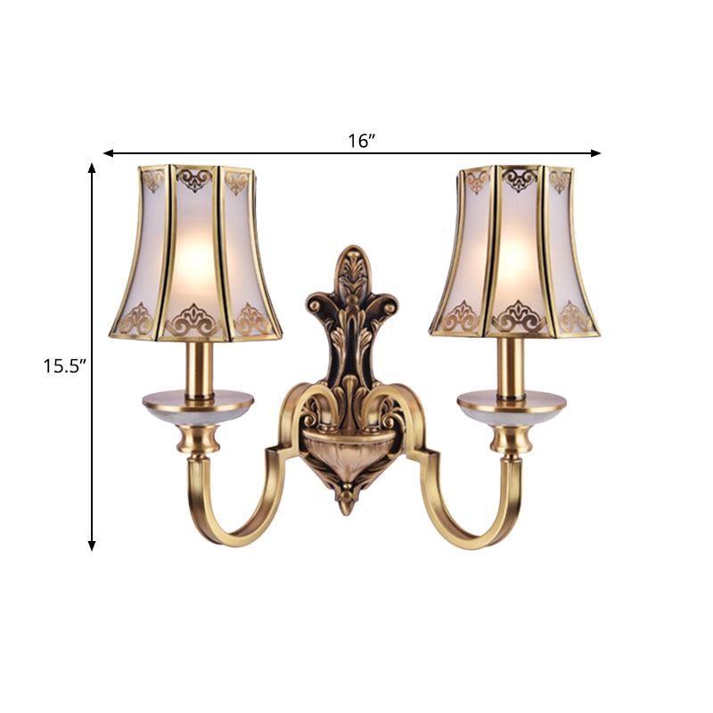 1/2 Heads Wall Lighting Fixture Colonial Style Flared Translucent Glass Wall Mounted Lamp in Brass Clearhalo 'Wall Lamps & Sconces' 'Wall Lights' Lighting' 780693