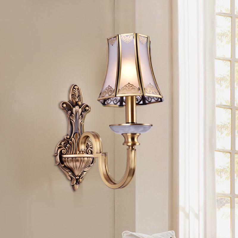 1/2 Heads Wall Lighting Fixture Colonial Style Flared Translucent Glass Wall Mounted Lamp in Brass 1.0 Brass Clearhalo 'Wall Lamps & Sconces' 'Wall Lights' Lighting' 780694