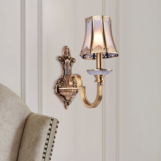 1/2 Heads Wall Lighting Fixture Colonial Style Flared Translucent Glass Wall Mounted Lamp in Brass Clearhalo 'Wall Lamps & Sconces' 'Wall Lights' Lighting' 780695