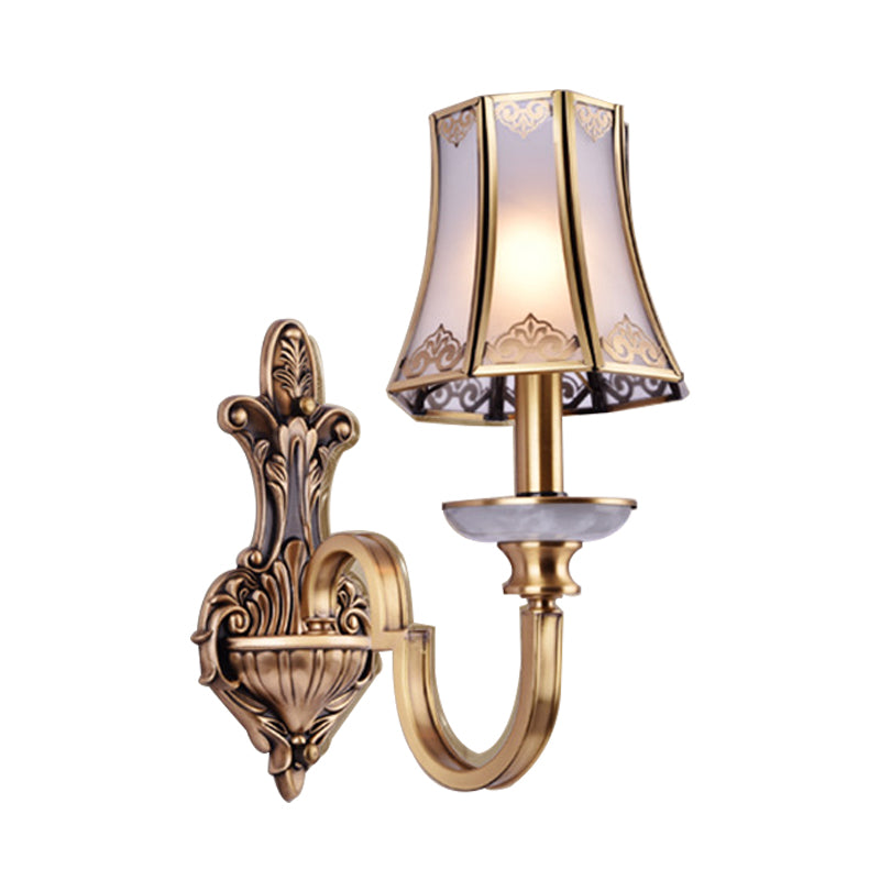 1/2 Heads Wall Lighting Fixture Colonial Style Flared Translucent Glass Wall Mounted Lamp in Brass Clearhalo 'Wall Lamps & Sconces' 'Wall Lights' Lighting' 780696