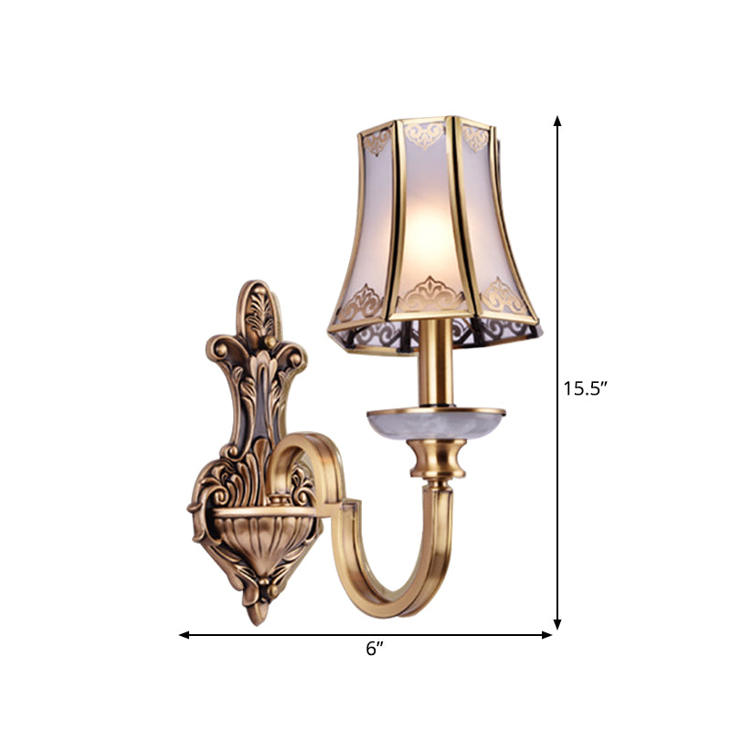 1/2 Heads Wall Lighting Fixture Colonial Style Flared Translucent Glass Wall Mounted Lamp in Brass Clearhalo 'Wall Lamps & Sconces' 'Wall Lights' Lighting' 780698