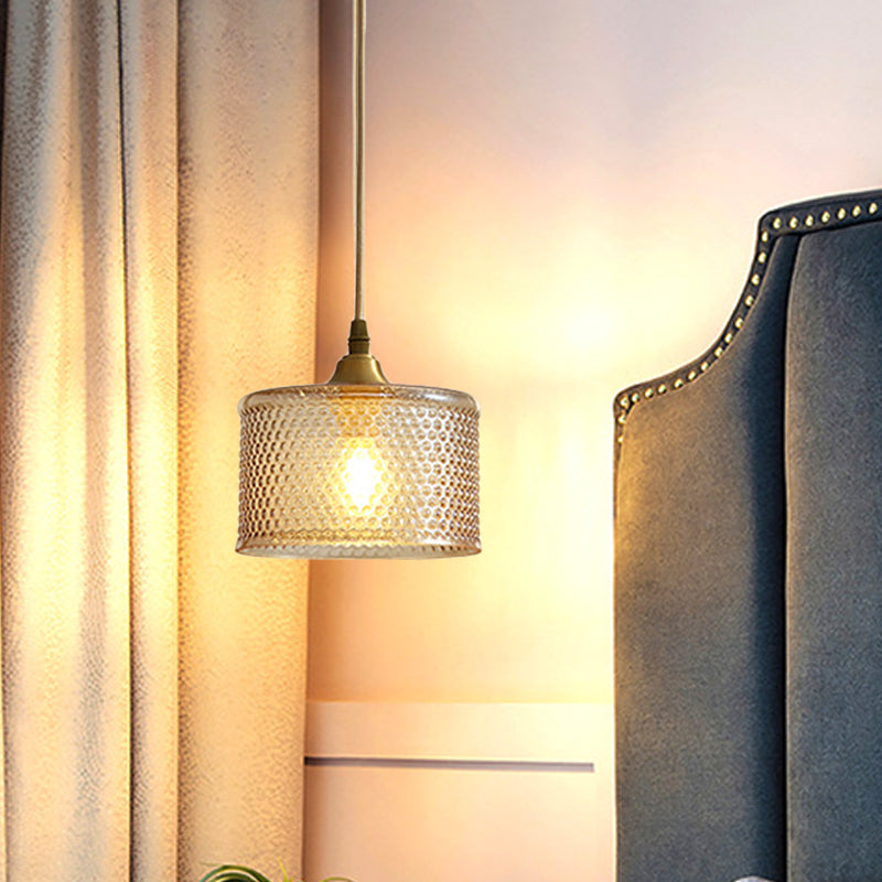 Small Drum Bedside Ceiling Pendant Light Simple Latticed Glass 1 Head Brass Pendulum Lamp Brass Clearhalo 'Ceiling Lights' 'Pendant Lights' 'Pendants' Lighting' 780715_84cf7544-3572-4e62-a47c-8251f668d7f3