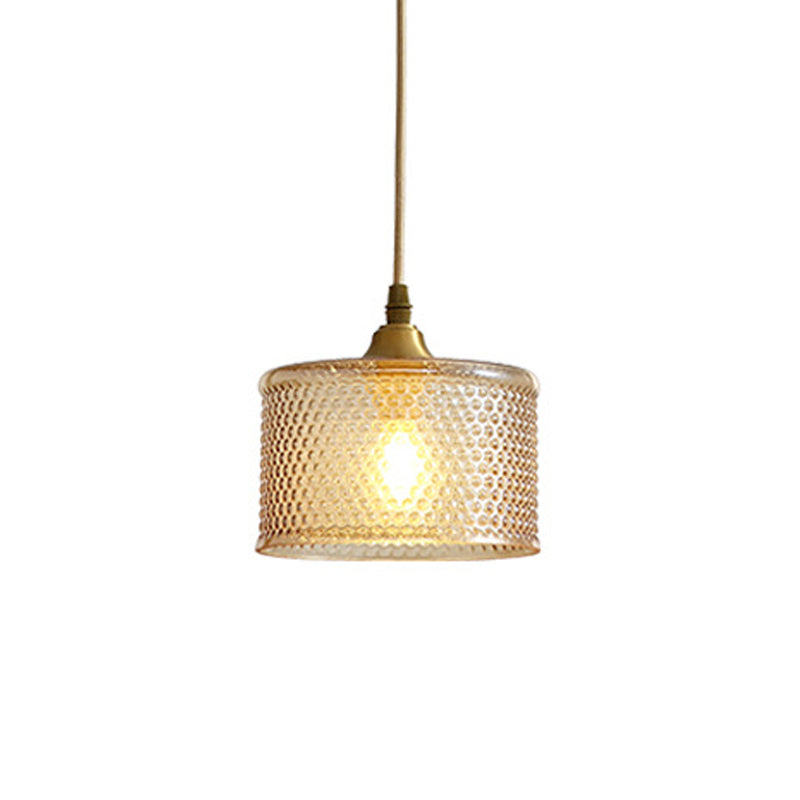 Small Drum Bedside Ceiling Pendant Light Simple Latticed Glass 1 Head Brass Pendulum Lamp Clearhalo 'Ceiling Lights' 'Pendant Lights' 'Pendants' Lighting' 780717