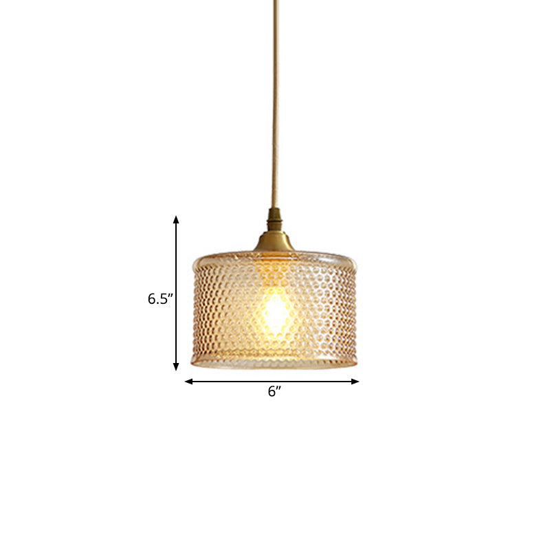 Small Drum Bedside Ceiling Pendant Light Simple Latticed Glass 1 Head Brass Pendulum Lamp Clearhalo 'Ceiling Lights' 'Pendant Lights' 'Pendants' Lighting' 780718