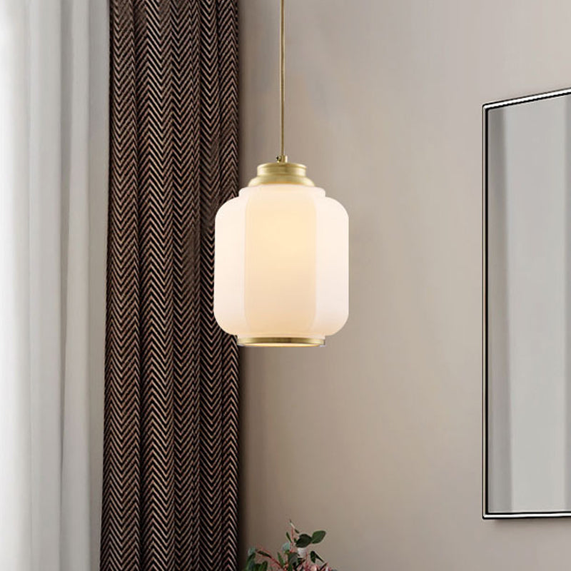 Opal Glass Lantern Suspension Light Traditional 1 Bulb Hallway Hanging Ceiling Lamp in Brass Brass Clearhalo 'Ceiling Lights' 'Pendant Lights' 'Pendants' Lighting' 780719_ef0453b8-9067-4a77-8ab5-3659193f9e73