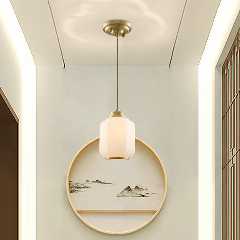 Opal Glass Lantern Suspension Light Traditional 1 Bulb Hallway Hanging Ceiling Lamp in Brass Clearhalo 'Ceiling Lights' 'Pendant Lights' 'Pendants' Lighting' 780720