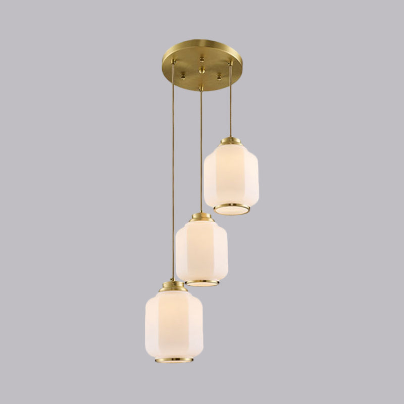 3-Light Multi Ceiling Light Traditional Lantern White Glass Pendant Lamp Fixture in Brass with Round Canopy Clearhalo 'Ceiling Lights' 'Pendant Lights' 'Pendants' Lighting' 780725