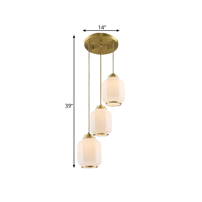 3-Light Multi Ceiling Light Traditional Lantern White Glass Pendant Lamp Fixture in Brass with Round Canopy Clearhalo 'Ceiling Lights' 'Pendant Lights' 'Pendants' Lighting' 780726