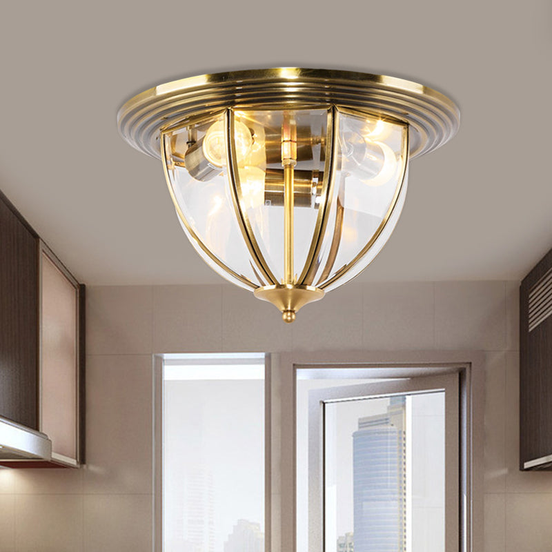 Brass 3-Head Flushmount Lighting Colonial Style Clear Glass Dome Flush Mounted Lamp for Kitchen Brass Clearhalo 'Ceiling Lights' 'Close To Ceiling Lights' 'Close to ceiling' 'Flush mount' Lighting' 780727