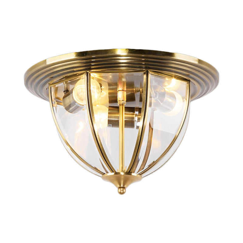 Brass 3-Head Flushmount Lighting Colonial Style Clear Glass Dome Flush Mounted Lamp for Kitchen Clearhalo 'Ceiling Lights' 'Close To Ceiling Lights' 'Close to ceiling' 'Flush mount' Lighting' 780728