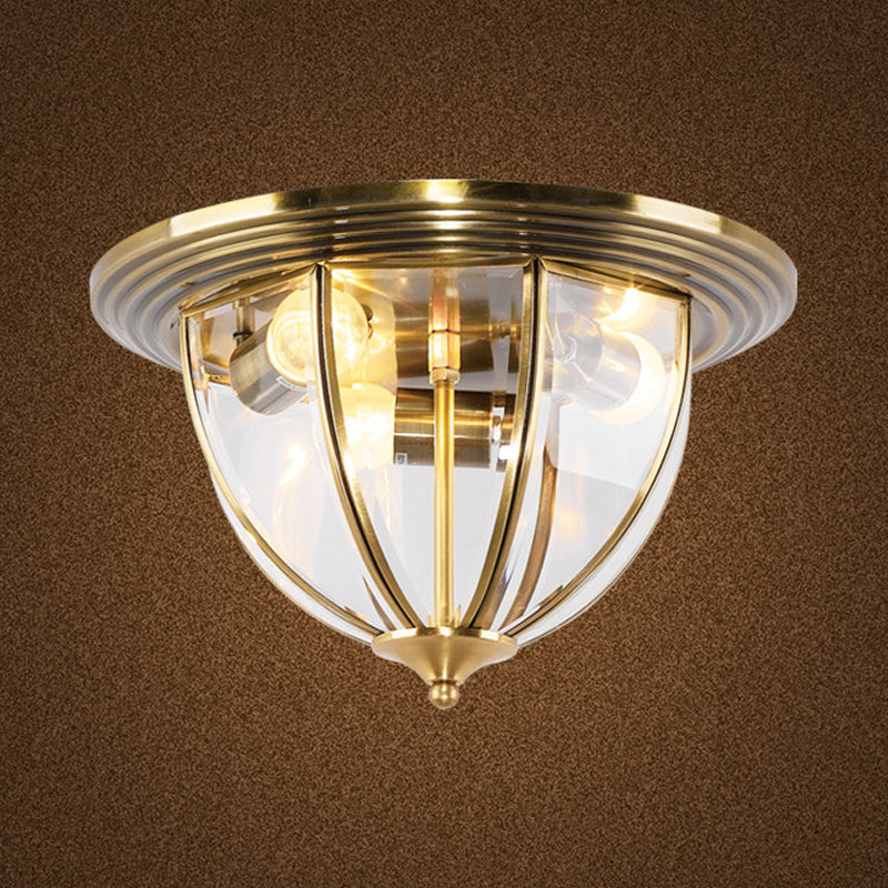 Brass 3-Head Flushmount Lighting Colonial Style Clear Glass Dome Flush Mounted Lamp for Kitchen Clearhalo 'Ceiling Lights' 'Close To Ceiling Lights' 'Close to ceiling' 'Flush mount' Lighting' 780729