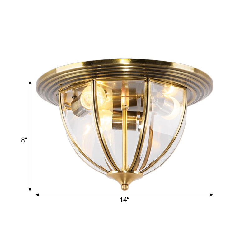 Brass 3-Head Flushmount Lighting Colonial Style Clear Glass Dome Flush Mounted Lamp for Kitchen Clearhalo 'Ceiling Lights' 'Close To Ceiling Lights' 'Close to ceiling' 'Flush mount' Lighting' 780730