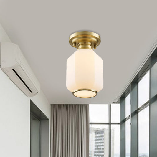 Traditional Lantern Flush Light Fixture 1-Bulb Opal Glass Flush Ceiling Lamp in Brass for Corridor Brass Clearhalo 'Ceiling Lights' 'Close To Ceiling Lights' 'Close to ceiling' 'Flush mount' Lighting' 780731