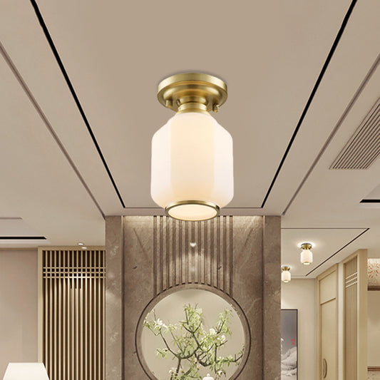 Traditional Lantern Flush Light Fixture 1-Bulb Opal Glass Flush Ceiling Lamp in Brass for Corridor Clearhalo 'Ceiling Lights' 'Close To Ceiling Lights' 'Close to ceiling' 'Flush mount' Lighting' 780732