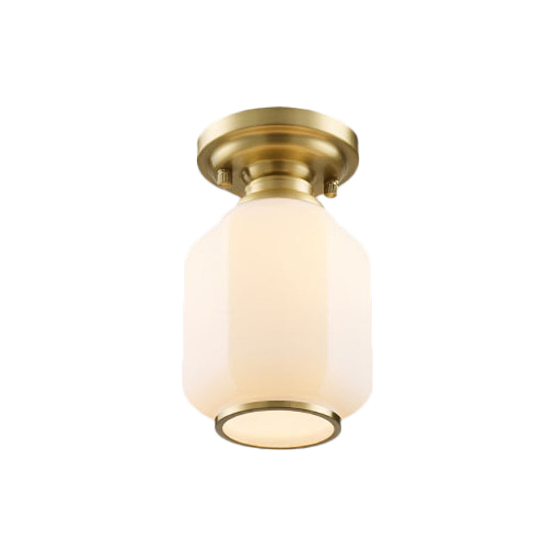 Traditional Lantern Flush Light Fixture 1-Bulb Opal Glass Flush Ceiling Lamp in Brass for Corridor Clearhalo 'Ceiling Lights' 'Close To Ceiling Lights' 'Close to ceiling' 'Flush mount' Lighting' 780733