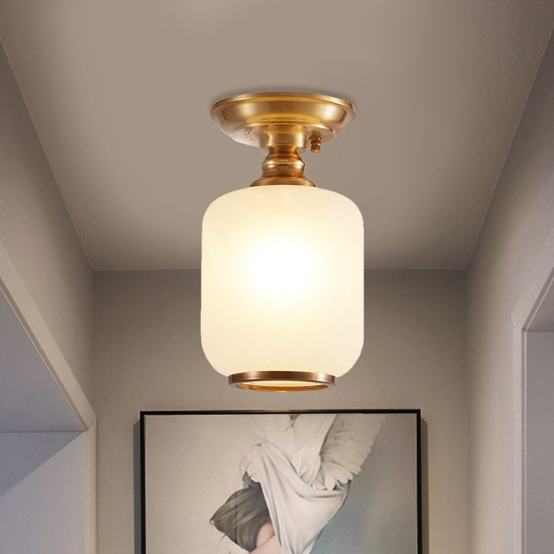 1 Head Semi Mount Lighting Vintage Corridor Flush Lamp Fixture with Lantern Opal Glass Shade in Brass Brass Clearhalo 'Ceiling Lights' 'Close To Ceiling Lights' 'Close to ceiling' 'Semi-flushmount' Lighting' 780735