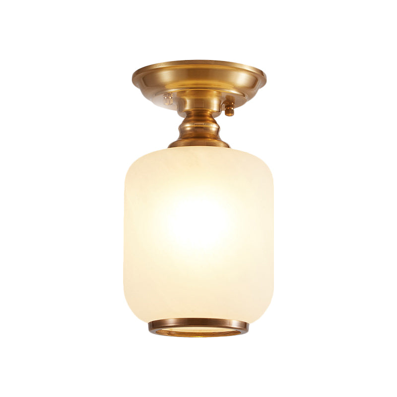1 Head Semi Mount Lighting Vintage Corridor Flush Lamp Fixture with Lantern Opal Glass Shade in Brass Clearhalo 'Ceiling Lights' 'Close To Ceiling Lights' 'Close to ceiling' 'Semi-flushmount' Lighting' 780736