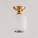 1 Head Semi Mount Lighting Vintage Corridor Flush Lamp Fixture with Lantern Opal Glass Shade in Brass Clearhalo 'Ceiling Lights' 'Close To Ceiling Lights' 'Close to ceiling' 'Semi-flushmount' Lighting' 780737