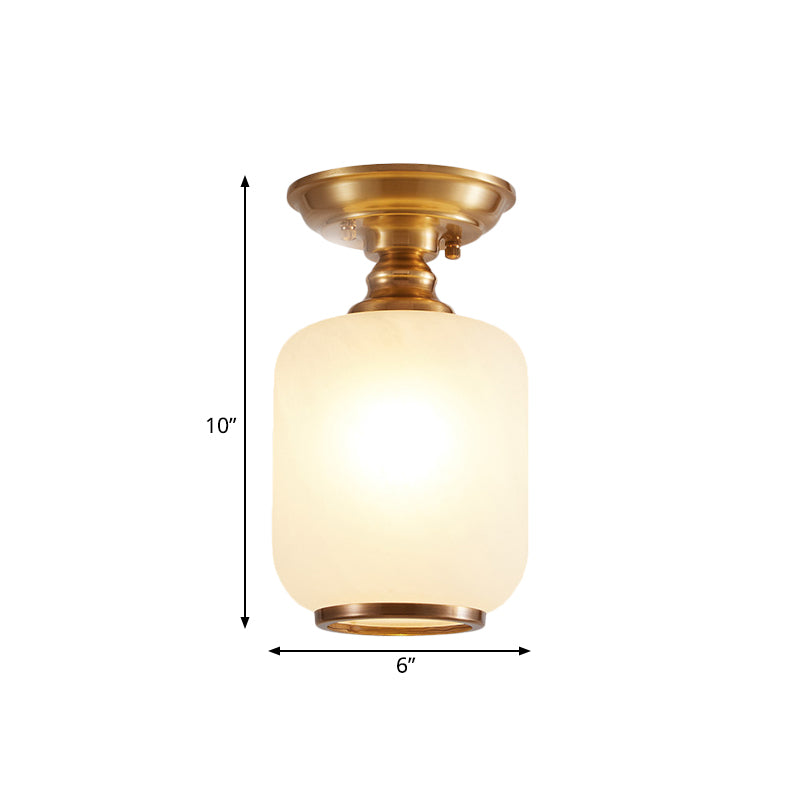 1 Head Semi Mount Lighting Vintage Corridor Flush Lamp Fixture with Lantern Opal Glass Shade in Brass Clearhalo 'Ceiling Lights' 'Close To Ceiling Lights' 'Close to ceiling' 'Semi-flushmount' Lighting' 780738