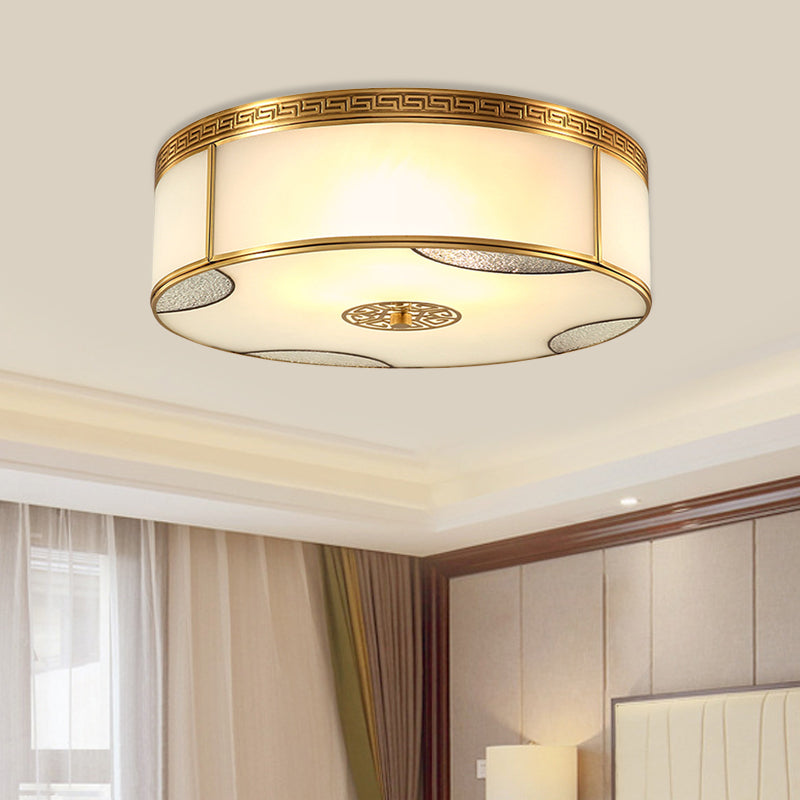 14"/18" Wide 3/4-Light Flush Mount Fixture Traditional Drum Frosted Glass Flush Ceiling Lighting in Brass Brass Clearhalo 'Ceiling Lights' 'Close To Ceiling Lights' 'Close to ceiling' 'Flush mount' Lighting' 780743